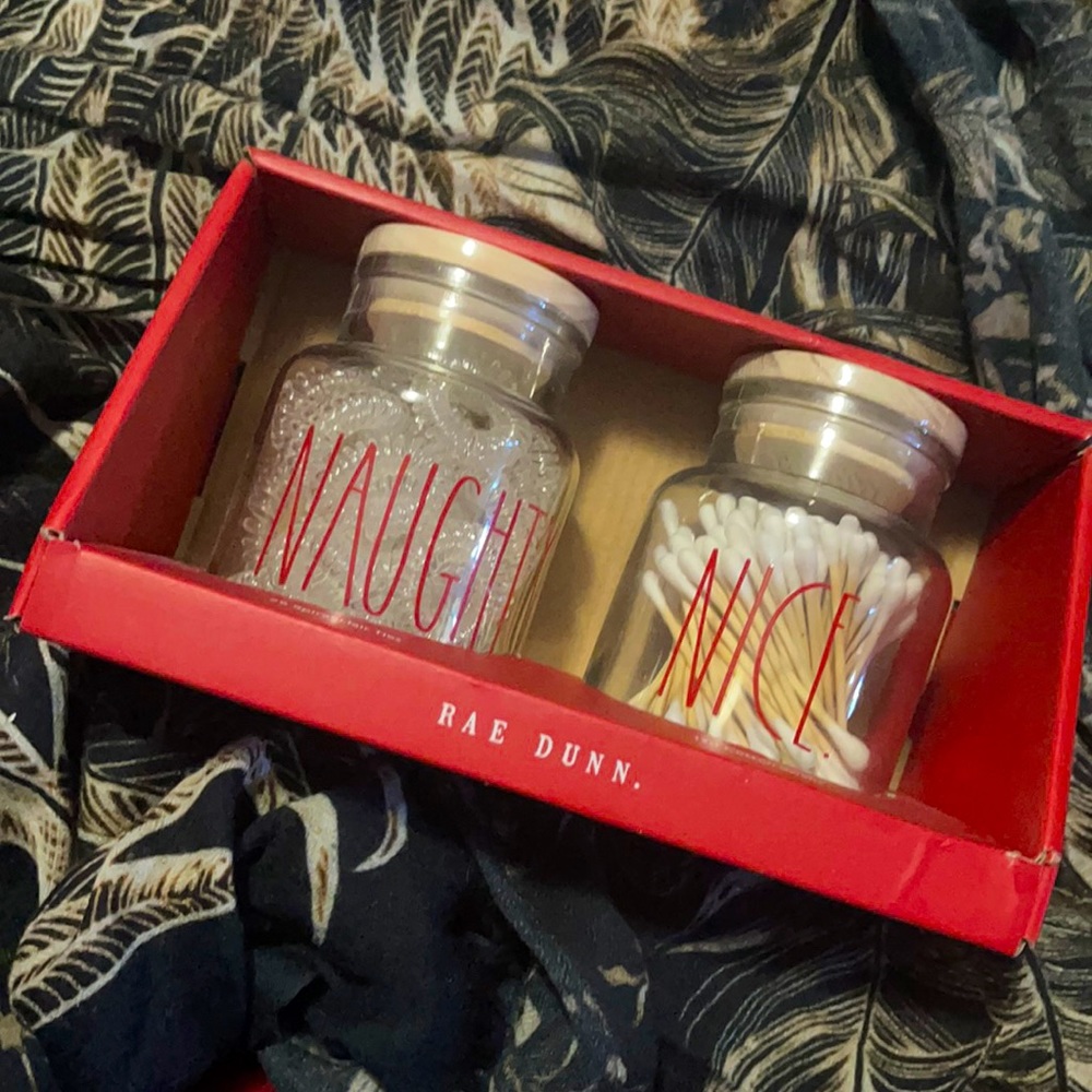❤️🎄Rae Dunn naughty & nice Christmas cotton swab hair ties jar set 🎄❤️